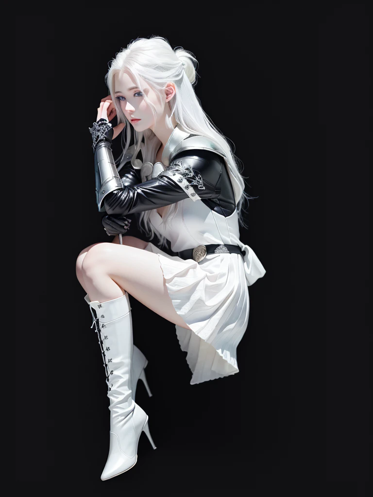 Top quality, RAW Photo, Highest Quality Image, 16K, White hair. Porcelain skin. Beautiful expressive eyes. Sweet and beautiful face. Fantasy clothing. Fantasy world. Black and white clothes. A slender girl in black leather trousers, armor, shoulder pads and comfortable beautiful clothes. Leather boots. Full length from head to toe. Prominent shoes and boots.