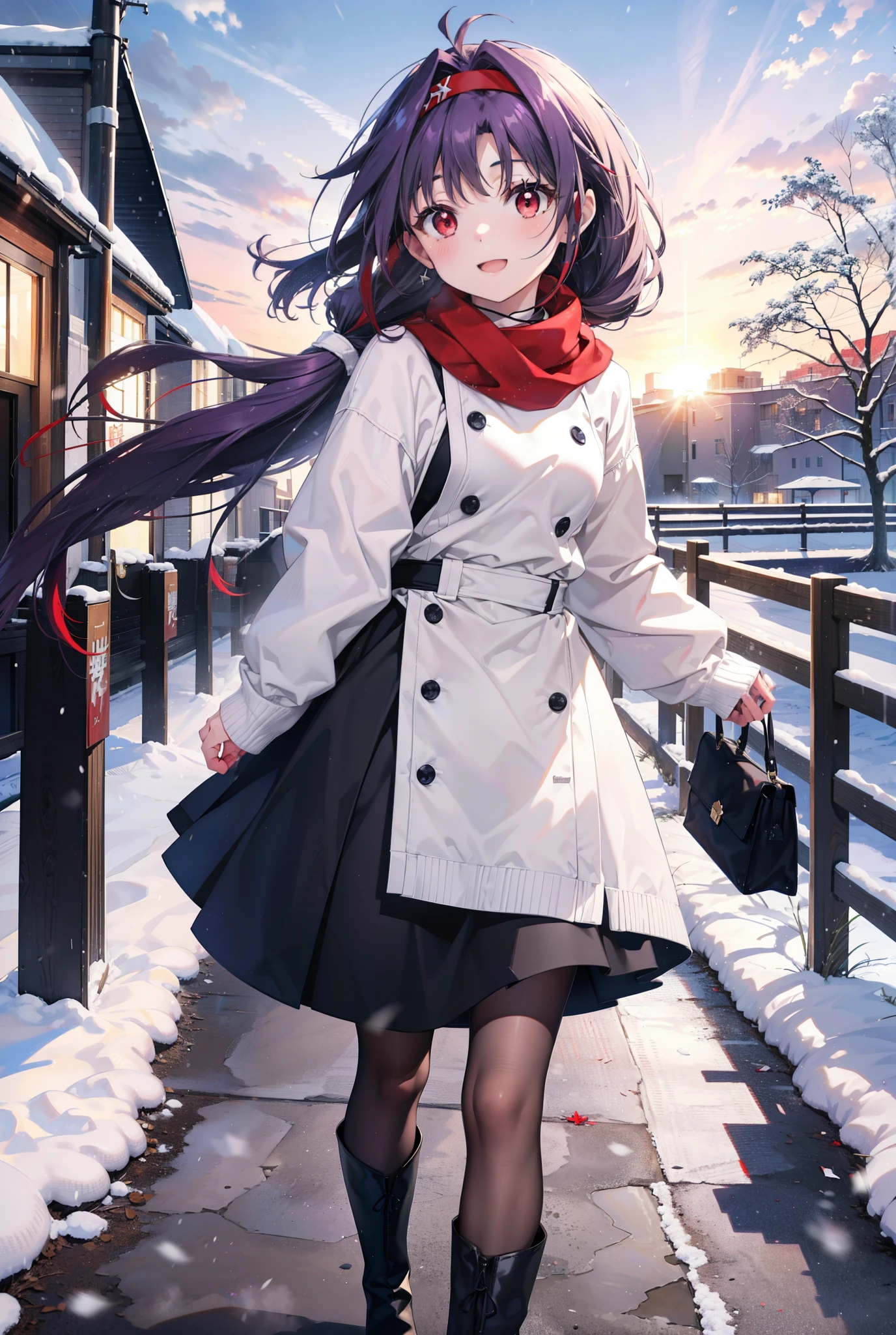 yuukikonno, Konno Yuuki, Long Hair, Pointed Ears, Purple Hair, (Red eyes:1.5), (Small breasts:1.2), Open your mouth,happy smile, smile, Open your mouth,hair band,low twin tail,Red Scarf,Oversized purple sweater,Black pantyhose,Long skirt,short boots,Holding a paper cup of coffee in both hands,Walking,snowが降っている,snowが降り積もっている,snow,snow,snow,snow,snowが積もった木,winter,Cold Sky,night,whole bodyがイラストに入るように,
break looking at viewer,  whole body,
break outdoors, Building district,
break (masterpiece:1.2), Highest quality, High resolution, unity 8k wallpaper, (figure:0.8), (Beautiful attention to detail:1.6), Highly detailed face, Perfect lighting, Highly detailed CG, (Perfect hands, Perfect Anatomy),