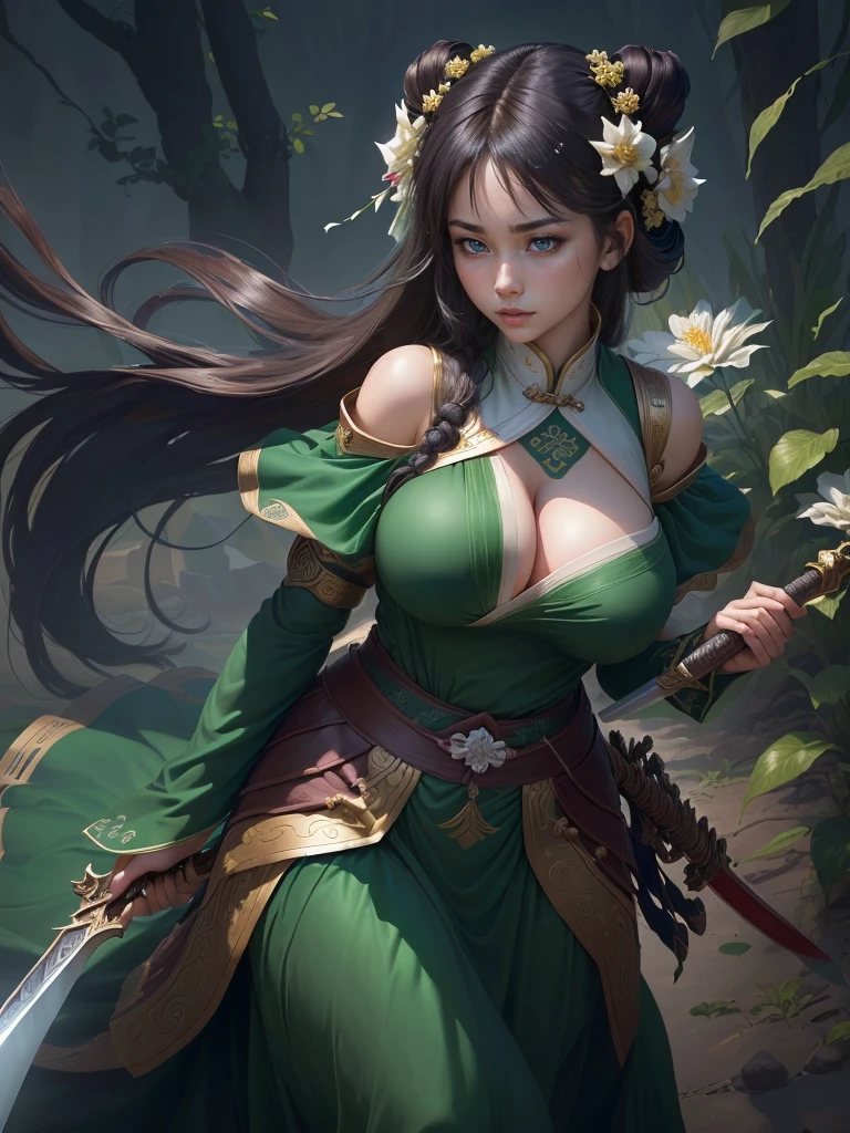 a woman in a green dress holding a sword and a flower, inspired by Li Mei-shu, inspired by Shen Zhou, inspired by Wu Li, inspired by Wu Zuoren, yun ling, inspired by Ju Lian, inspired by Li Tang, full body xianxia, inspired by Qiu Ying, inspired by Lan Ying, xianxia hero, Highly detailed CG unit 8k wallpaper, masterpiece, High resolution, highest quality, highest quality real texture skin, Super Real, Digital Painting, Best image quality, 最High resolution, 8k, ((Highly detailed eyes and face, Beautiful eyes every detail)), 1girl, Full Body Shot, (Cleavage, Saggy breasts, Gravity-dependent breasts, long chest, Heavy chest, disproportionate breasts, huge breasts, sagging breasts, gigantic breasts, erect nipple), Off the shoulder,
