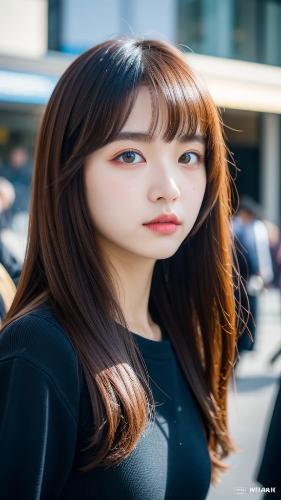 (best quality, 8k, 32k, masterpiece, UHD:1.2), ultra high resolution, (pretty a Korean early girl), 13 yautiful detailed black eyes, dark make-up, semi long brown hair, bangs, portrait, (crowded city boulevard on a bright sunny day:1.2)