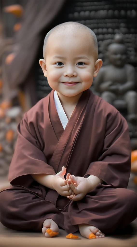 A little monk with a toddler,had his hands folded,sit with legs crossed,Orange monk robe,Perfect facial features,face to the viewer,with black background