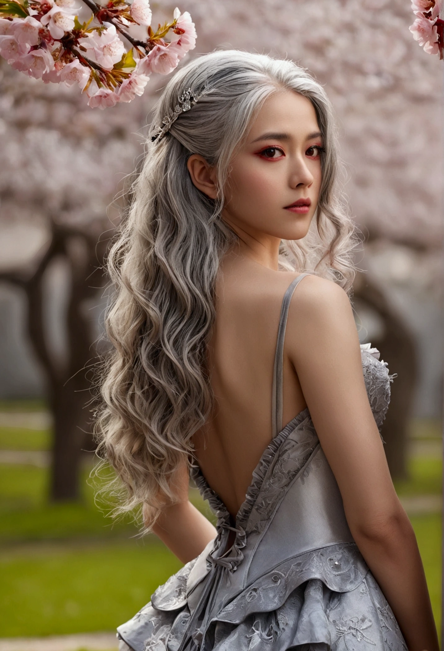 masterpiece, best quality, intricate, long hair, silver hair, red eyes, dress, frills, nude, arms behind back,
outdoors, cherry blossoms, depth of field,