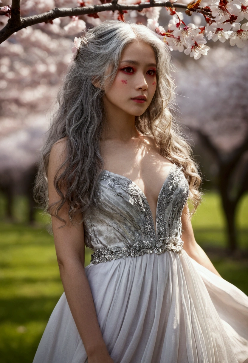masterpiece, best quality, intricate, long hair, silver hair, red eyes, dress, frills, , arms behind back,
outdoors, cherry blossoms, depth of field,