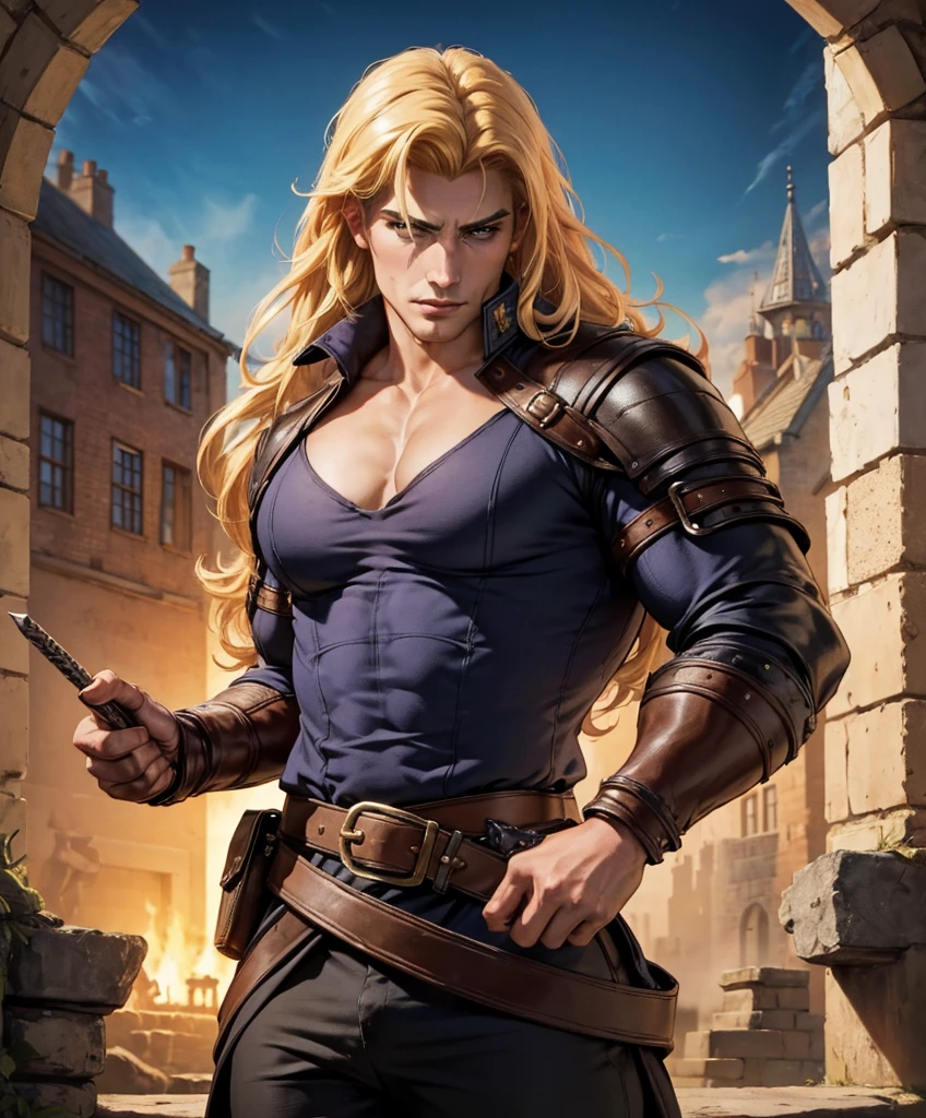 score_9, score_8_up, score_8,  (((Single character image.))) (((1boy))) (((Dressed in medieval fantasy attire.)))   (((This male character is sexy and virile.)))  (((This character is very sexy and dashing.))) Generate a daring, thrilling swashbuckler with a charm and style that is irresistible.  (((Sexy long blond hair.))) This is a character designed for a swashbuckler setting, near an exciting port town inhabited by dangerous thugs and other criminals.  He should be dashing, attractive and a charming and daring adventurer.  He wears stylish swashbuckler fashion with dark hair, dark features and a muscular build. ((bulgeJ8)) (((Background of the image is the medieval style port town.))) (masterpiece, top quality, best quality, official art, beautiful and aesthetic:1.2), extreme detailed,  colorful, highest detailed,  best quality:1.0,hyperealistic:1.0,photorealistic:1.0,madly detailed CG unity 8k wallpaper:1.0,masterpiece:1.3,madly detailed photo:1.2, hyper-realistic lifelike texture:1.4, picture-perfect:1.0,8k, HQ,best quality:1.0, 