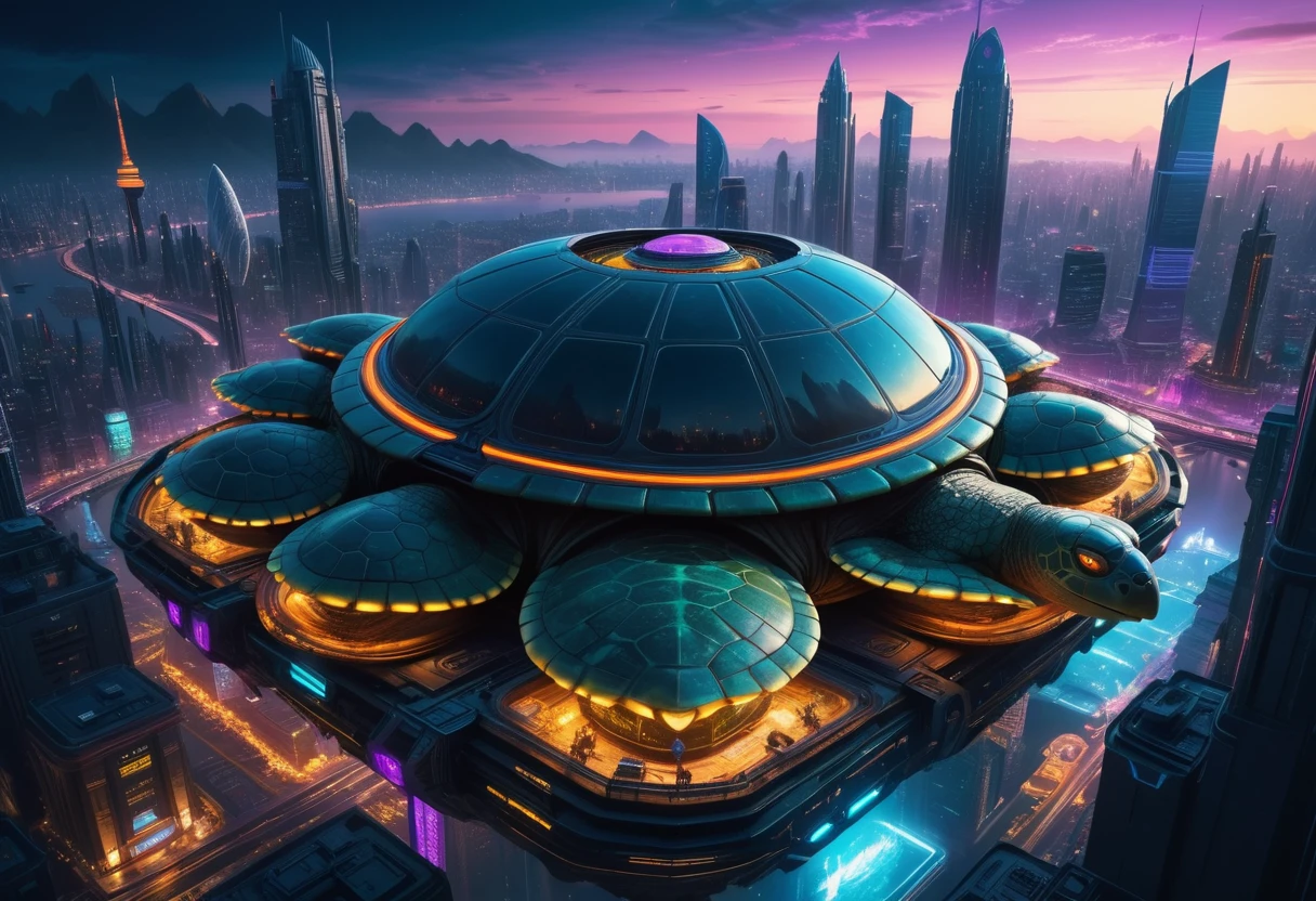 a city built on top of a giant turtle's shell, highly detailed, intricate architecture, futuristic sci-fi cyberpunk style, glowing neon lights, floating platforms, advanced technology, flying vehicles, alien-like creatures, otherworldly landscape, dramatic lighting, cinematic composition, photorealistic, 8k, hyper detailed