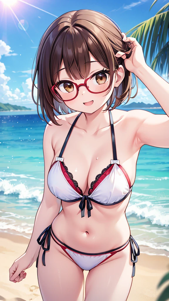 Comical pose、Get excited、fine、nichijo style、fun、smile、mischief、Expectations、surprise、Shynesidsummer、sun、Ocean、blue sky、Daytime、pretty girl , Shooting from below, One Girl, Brown Hair、Very short hairstyle, Brown eyes、Red frame glasses、White Bikini,Highest quality, 4K, 8k, High resolution, masterpiece:1.2, Very detailed, Realistic, photoRealistic, photo-Realistic:1.37, High resolution, 超High resolution, Studio Lighting, Ultra-fine painting, Sharp focus, Physically Based Rendering, Very detailed説明, Professional, Vibrant colors, Bokeh