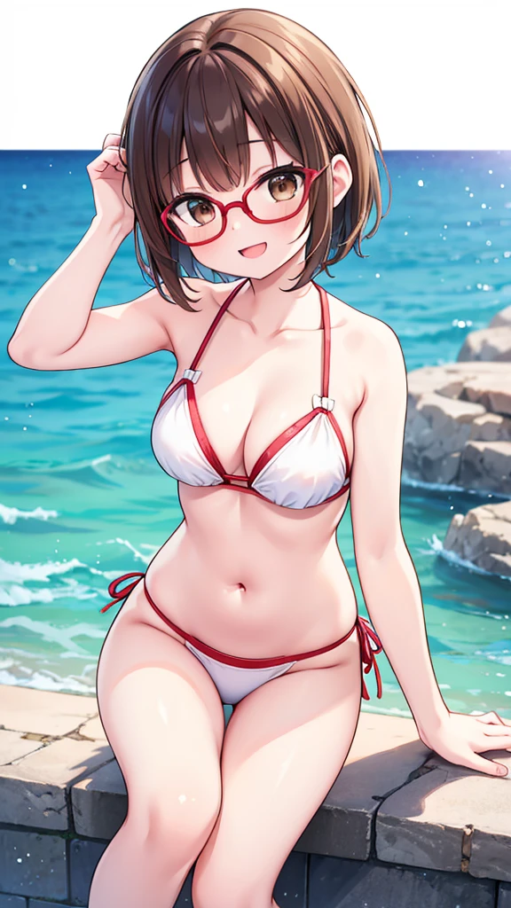 Comical pose、Get excited、fine、nichijo style、fun、smile、mischief、Expectations、surprise、Shynesidsummer、sun、Ocean、blue sky、Daytime、pretty girl , Shooting from below, One Girl, Brown Hair、Very short hairstyle, Brown eyes、Red frame glasses、White Bikini,Highest quality, 4K, 8k, High resolution, masterpiece:1.2, Very detailed, Realistic, photoRealistic, photo-Realistic:1.37, High resolution, 超High resolution, Studio Lighting, Ultra-fine painting, Sharp focus, Physically Based Rendering, Very detailed説明, Professional, Vibrant colors, Bokeh
