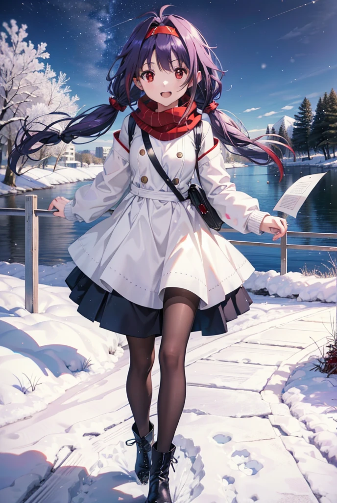 yuukikonno, Konno Yuuki, Long Hair, Pointed Ears, Purple Hair, (Red eyes:1.5), (Small breasts:1.2), Open your mouth,happy smile, smile, Open your mouth,hair band,low twin tail,Red Scarf,Oversized purple sweater,Black pantyhose,Long skirt,short boots,Holding a paper cup of coffee in both hands,Walking,snowが降っている,snowが降り積もっている,snow,snow,snow,snow,snowが積もった木,winter,Cold Sky,night,whole bodyがイラストに入るように,
break looking at viewer, whole body,
break outdoors, Building district,
break (masterpiece:1.2), Highest quality, High resolution, unity 8k wallpaper, (figure:0.8), (Beautiful attention to detail:1.6), Highly detailed face, Perfect lighting, Highly detailed CG, (Perfect hands, Perfect Anatomy),
