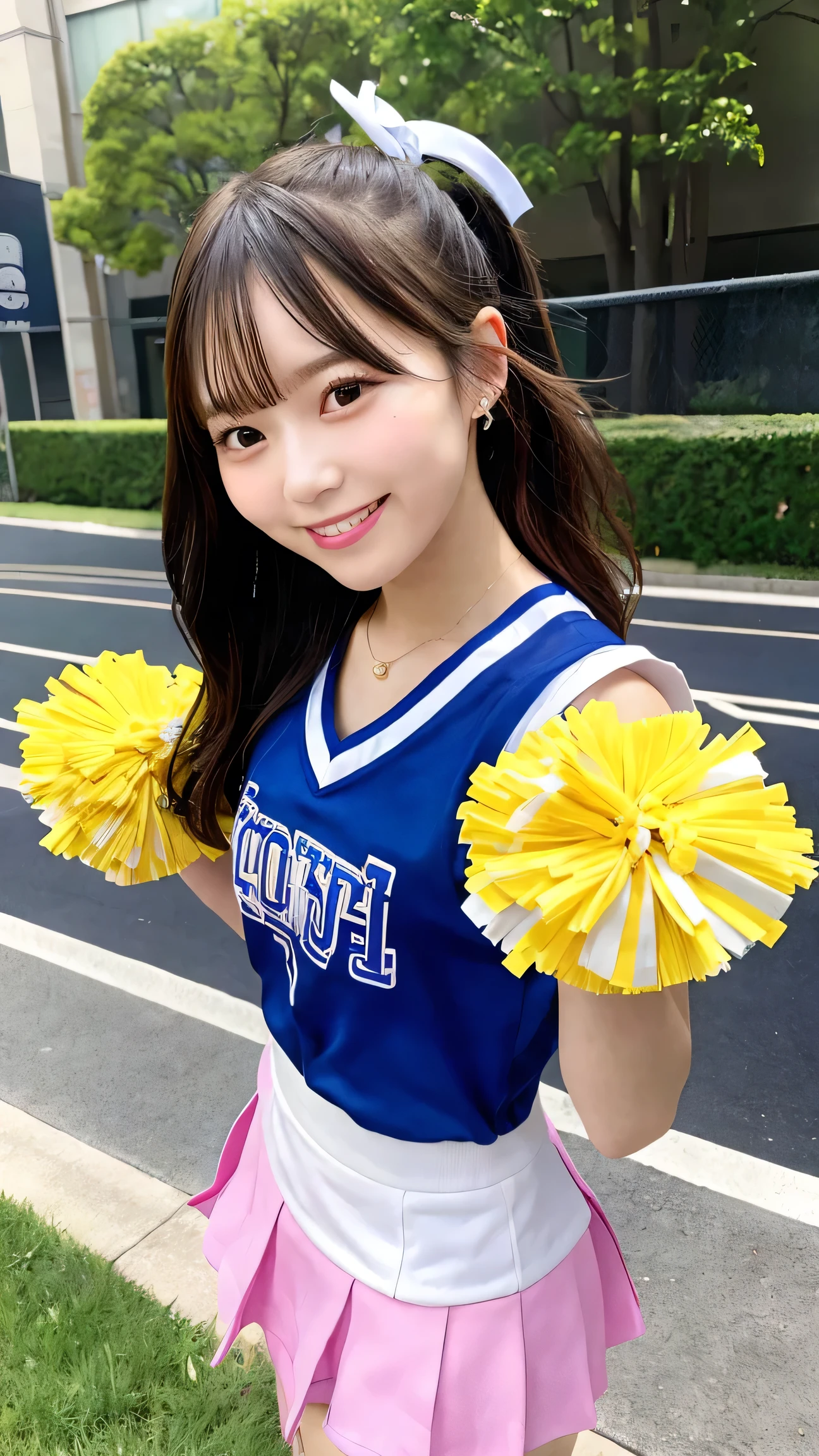 best quality, masterpiece, 1girl, cheerleader, holding pom-poms, bright smile, short skirt, upper body