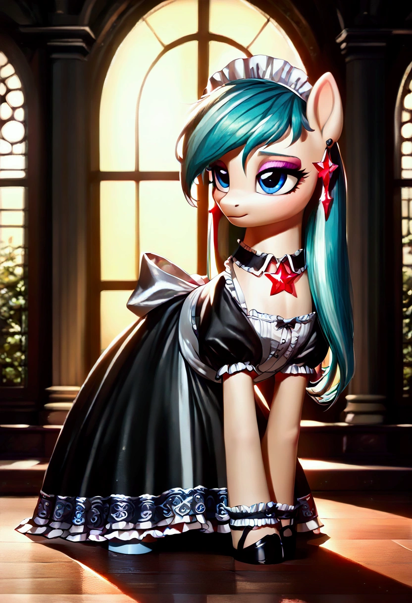 score_9,score_8_up,score_7_up,score_6_up, ((my little pony)), radiant lighting, vibrant colors, whimsical atmosphere, 8K, high resolution, highly detailed, masterpiece, (shy look), ((pony body)), white body, blue eyes, (maid costume), striped stockings, star pendant, earrings, eyeshadow, ((fuscia long hair:1.6)) overfilled hyper_breast_implant, huge keep_inflating_Extrem_like a blimp,  