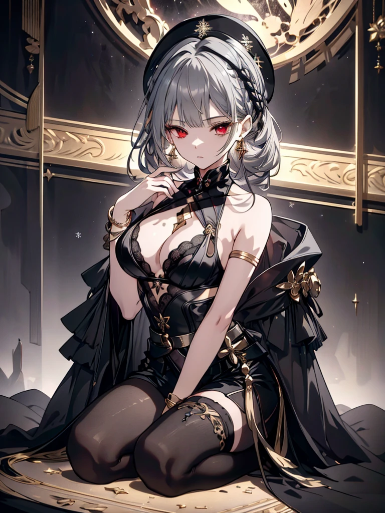 8k,High resolution RAW color art, Anime Art,Silver Marble Skin, (((Highly detailed elegant))), Detailed skin, texture,(Exquisitely crafted, The finer details, Ultra-detailed art), (((1 girl))), Depth of written boundary, Silky Touch, Hyper Detail, (((Cool face))), eye shadow、Armed women, Beautiful detailed red eyes, Beautiful lip detail, Highly detailed face, Delicate depiction of hair and eyes, Detailed Fashion, Golden Earrings,Full body depiction, Black half-top bra、Black shorts、Waist Cloak、black tights、Golden decoration, Gray Hair, Golden bracelet, Straight Hair、(((Hair)))、moonlight、Calm background、(((Black theme)))、Snowflake background、Side view、Kneeling、Less exposure