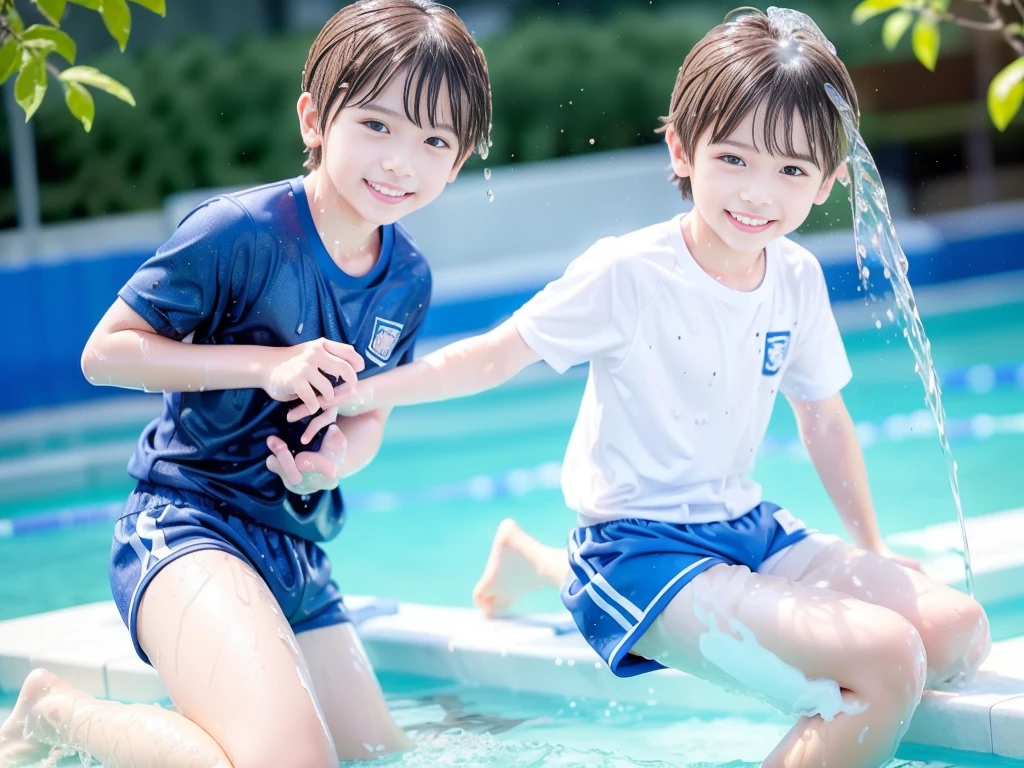 hot summer、、Summer swimming pool、It is sunny、Pouring water on each other、Get wet all over、Japan Boy、Glowing water splashes、Pool lessons、Boy playing in water、The happy boys、Strong sunlight、Short sleeve gym uniform、Blue shorts、barefoot,Boys only 、10age、high resolution、masterpiece