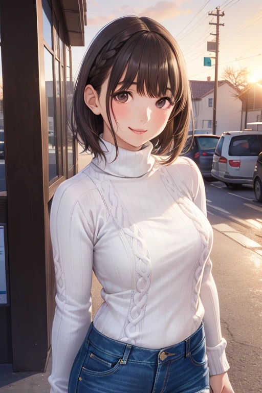 anegasaki nene、Shiny brown hair, short hair, (Beautiful brown eyes、Sparkling eyes, Fine grain)、smile、Ultra-detailed eyes、Highly detailed face, Highly detailed eyes,Cowboy Shot、



(masterpiece:1.2, Highest quality, 8k, Advanced Details), (Realistic, photoRealistic:1.4), Beautiful illustrations, 
Looking at the audience,  Front view:0.6, 

One Girl, alone, Unparalleled beauty, Shine, Firm Skin, beautiful and Nice girl,Smiling Kindly,
 Highest quality, Realistic, 1 girl, woman, (bright), (Professional Lighting, Bokeh), (street), Braided bangs, ( Nice, bloom, Floating Hair, (Dynamic pose:0.6) , Soft lighting, Short Bob Hair, (Denim pants,Turtleneck sweater:1.3),sunset