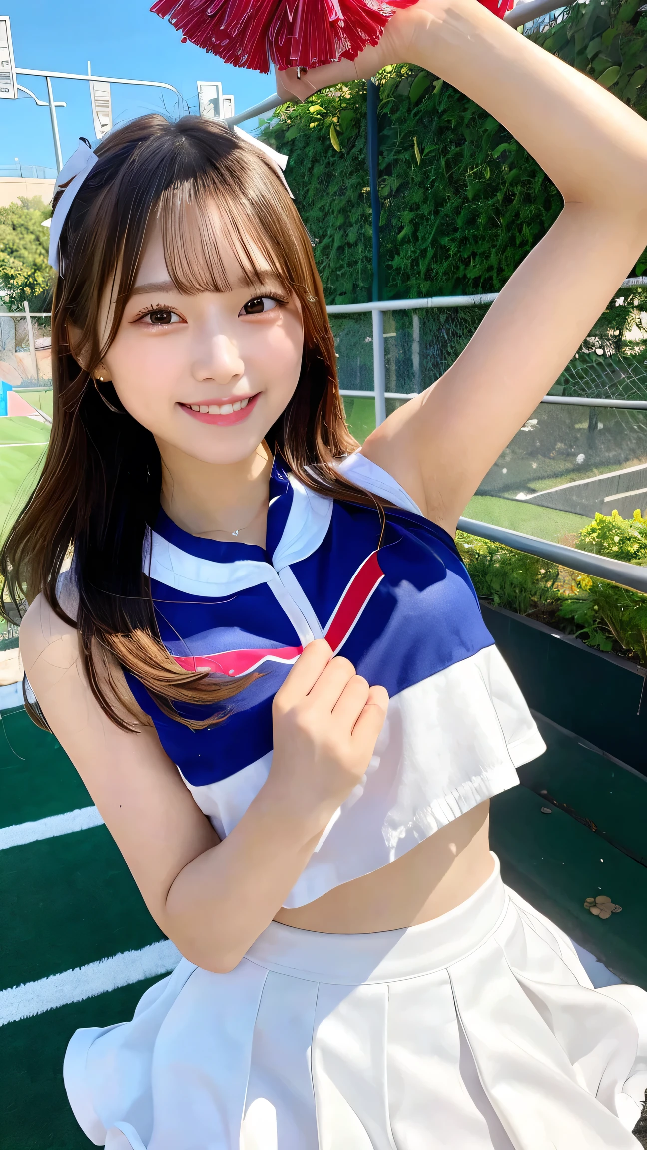 best quality, masterpiece, 1girl, cheerleader, holding pom-poms, bright smile, short skirt, upper body