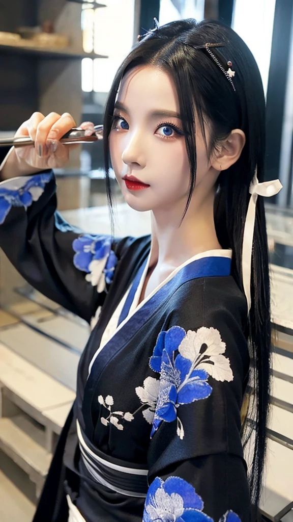 Black hair Blue eyes sexy kimono Black Fang hairpin,long hair