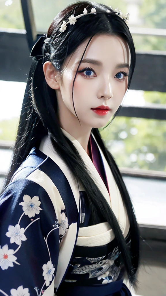 Black hair Blue eyes　sexy kimono　Black　Fang hairpin,long hair