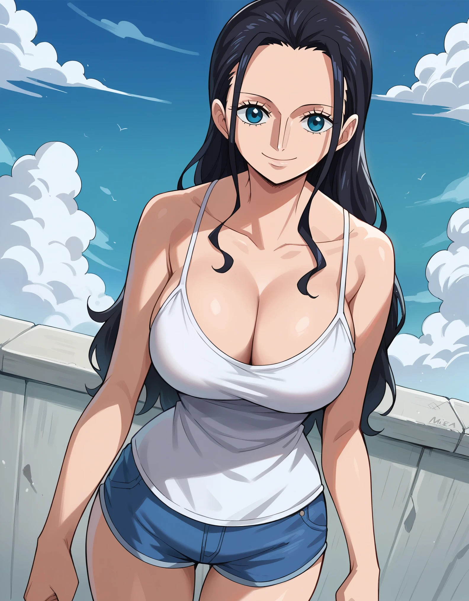 score_9, score_8_up, score_7_up, source_anime, best quality, clear face, 1girl, Nico Robin, black hair, long hair, blue eyes, large breasts, white camisole, shorts, cleavage, smile, looking at viewer, sky, standing, dynamic angle