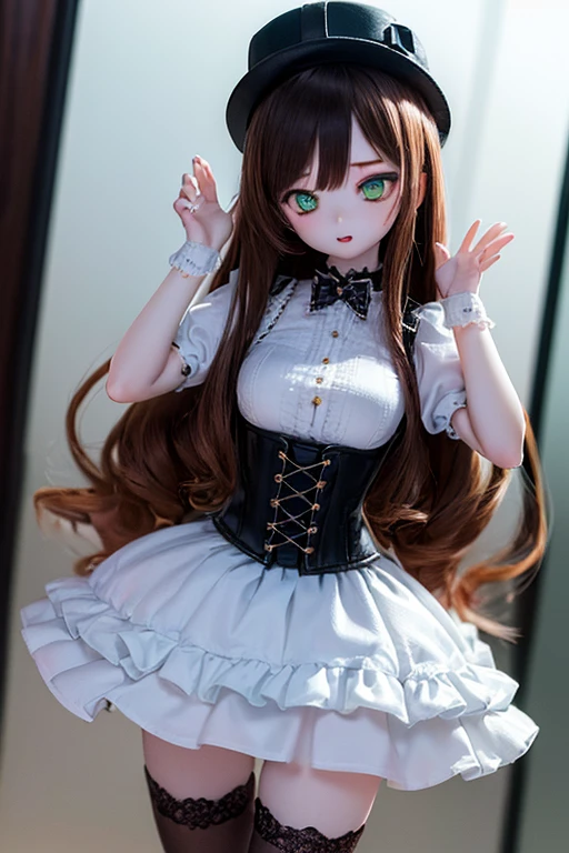 (SFW:2), photorealistic, realistic photo, 8k, ((highest quality)), ((masterpiece)), (extremely detailed), kukolnydom, doll, (mature woman, 21yo, 21 years old, solo:1.6), ((cowboy shot, dynamic pose, slim, slender, skinny, medium breasts, bowler hat, frilled shirt, puffy sleeves, corset, tiered pannier skirt, thigh-high socks)), (green eyes, brown hair, long hair, plastic skin, looking at another, glass eyes, gradient eyes, shining eyes, detailed eyes:1.3)