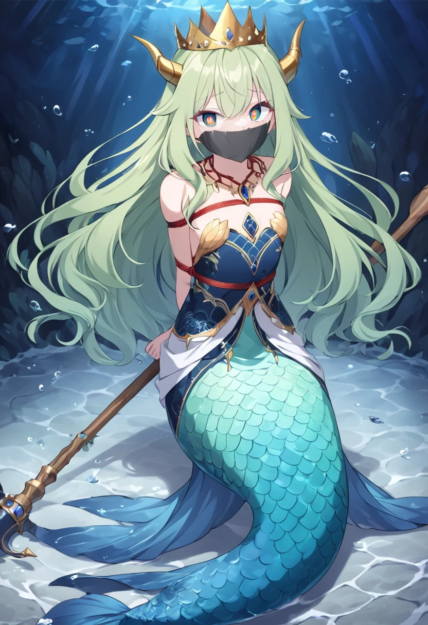 score_9, score_8_up, source_anime, 1girl, solo,The photo features a female character dressed in attire inspired by sea motifs and mythology. She wears a gold crown with horn-like decorations and has long flowing hair with a bluish tint. Her dress is predominantly green and gold, with the lower part resembling fish scales, giving the impression of a mermaid or sea goddess. On her shoulders are ornaments shaped like dragon or sea creature heads. The character also holds a staff adorned with sea elements, completing her grand and mystical appearance. (bound wirsts), (arms behind back), (tapegag, tape gag), dramatic,  (looking at viewer), (detailed pupils:1.3), ,red rope, thick rope, small breast,full body 