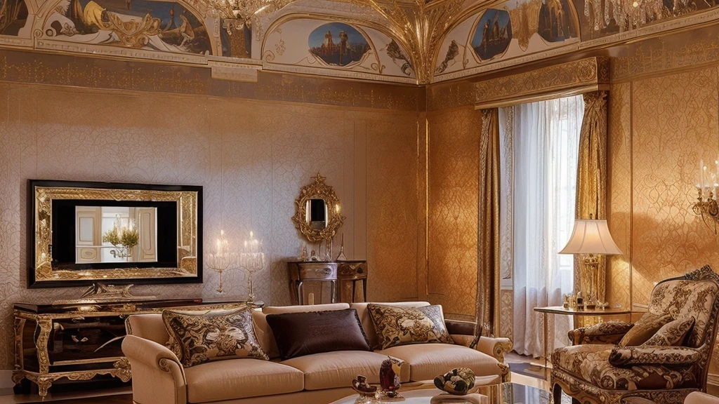 There is an 82cm x 25cm x 82cm MIRROR OF ENCHANTMENT CLASSIC on the left wall, which is the visual focus. ，DIOR advertising style，furniture advertising graphic photography，There is a living room with a sofa, Chair, Italian castle living room, gold and luxurious materials, The award-winning&quot;, extremely opulent, Renaissance style, 意大利masterpiece, 伟大的masterpiece, masterpiece&#39;, classical, luxurious, 令人惊叹的masterpiece, Gorgeous hideaway, Elegant