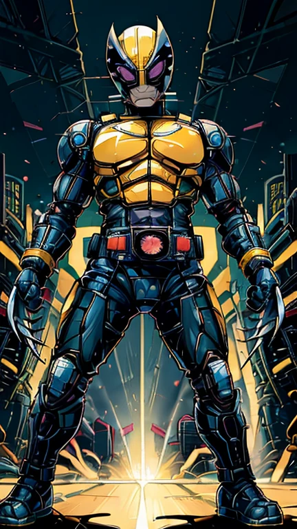 (8k),(masterpiece),(Japanese),(8-year-old boy),((innocent look)),((Childish)),From the front,smile,cute,Innocent,Kind eyes,Flat chest, yellow helmet,black domino mask, Wolverine costume,Bald,No Hair, Henshin Pose,night,dark, Neon light cyberpunk city,Kamen rider,camisa