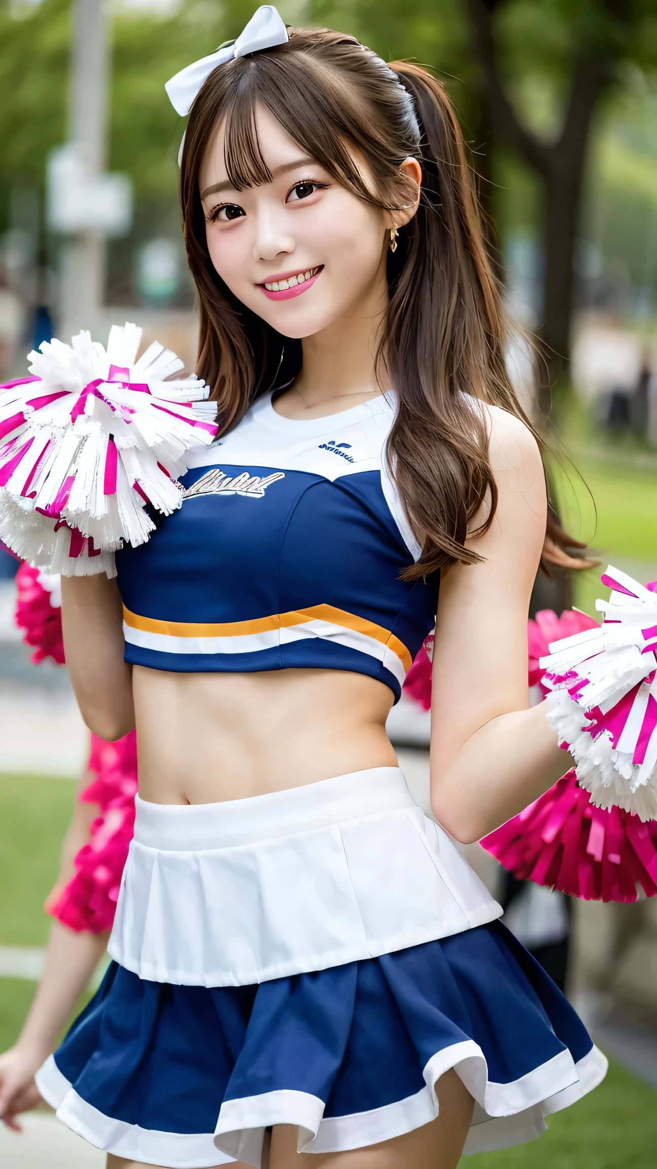 best quality, masterpiece, 1girl, cheerleader, holding pom-poms, bright smile, short skirt, upper body
