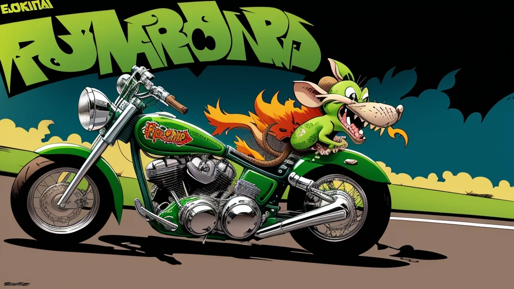 cartoon of a rat riding a motorcycle, by Ed Roth, rat fink style, ratfink, frank kozik