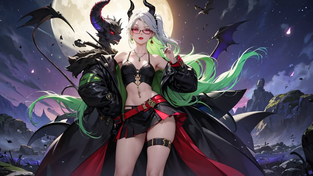 8k, masterpiece, best quality, highly detailed, 1 girl, tiefling, warlock, multicolored hair, very short straight hair green highlight hair on white hair, strippled hair, wearing glasses, round glasses, earrings, navel piercing, miniskirt, red eyeshadow, long eyelashes, blushed cheek, red lips, necklace, rings, collarbone, mole, glamorous, olive green clothing, smirk, fullbody view, rings, looking at viewer, demon horns, solo, nightmarish landscape, blue pale moon, standing, cosmic horror, decaying.