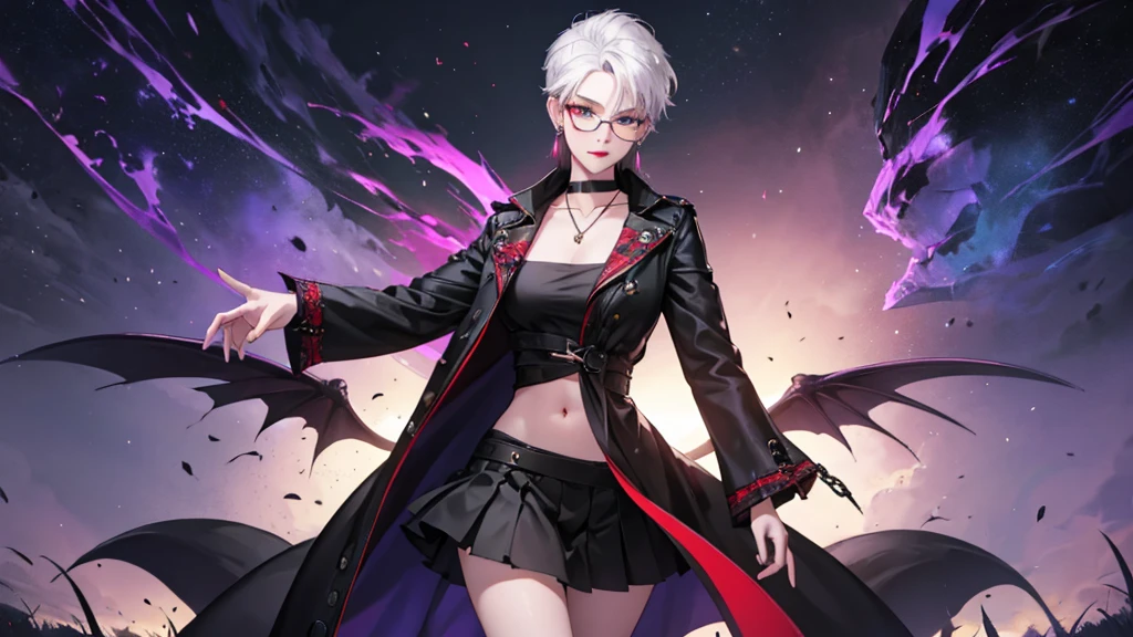 8k, masterpiece, best quality, highly detailed, 1 girl, tiefling, warlock, multicolored hair, very short straight hair green highlight hair on white hair, strippled hair, wearing glasses, round glasses, earrings, navel piercing, miniskirt, red eyeshadow, long eyelashes, blushed cheek, red lips, necklace, rings, collarbone, mole, glamorous, olive green clothing, smirk, fullbody view, rings, looking at viewer, demon horns, solo, nightmarish landscape, blue pale moon, standing, cosmic horror, decaying.