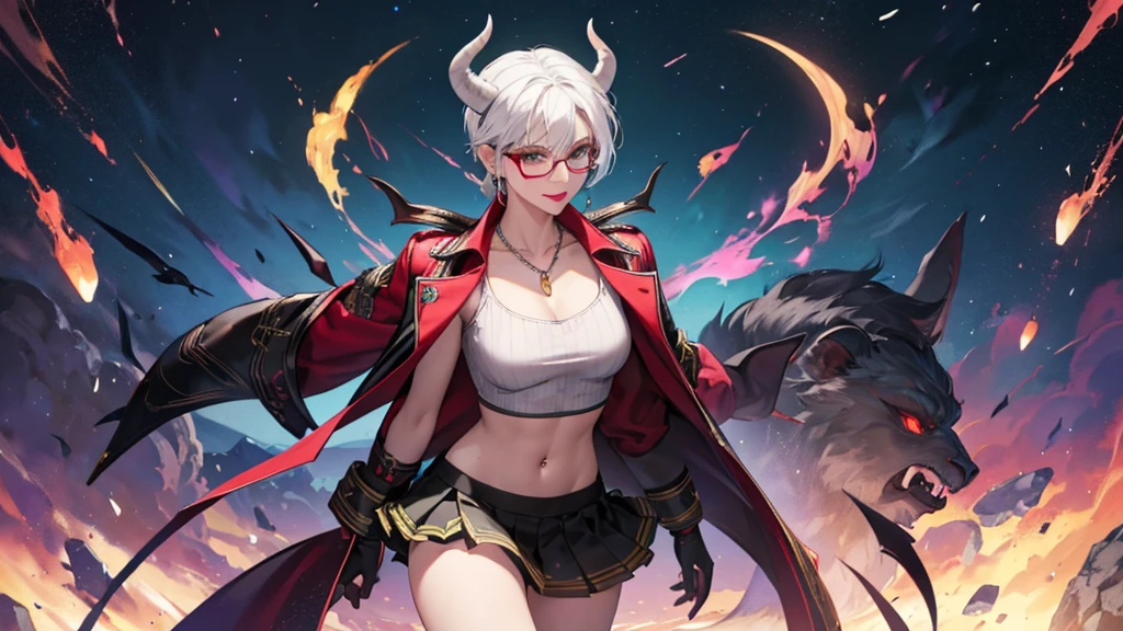 8k, masterpiece, best quality, highly detailed, 1 girl, tiefling, warlock, multicolored hair, very short straight hair green highlight hair on white hair, strippled hair, wearing glasses, round glasses, earrings, navel piercing, miniskirt, red eyeshadow, long eyelashes, blushed cheek, red lips, necklace, rings, collarbone, mole, glamorous, olive green clothing, smirk, fullbody view, rings, looking at viewer, demon horns, solo, nightmarish landscape, blue pale moon, standing, cosmic horror, decaying.