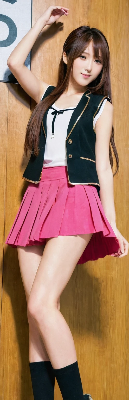 (masterpiece, best quality:1.2), 1girl, solo,standing_split, 
yuuki mikan, long hair，black sleeveless short vest，pink skirt，black