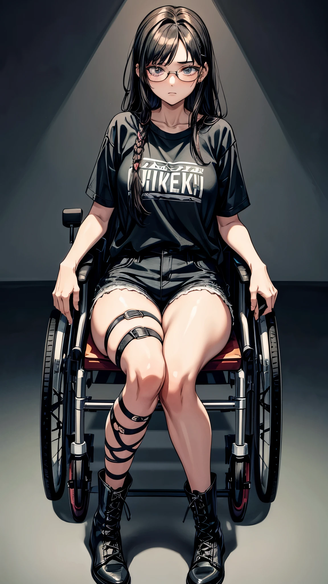 One 19 years old girl,girl in wheelchair,eight heads tall,black messy hair,black middle hair,glasses,dark,it hurts,scary,nervous eyes,she’s riding a wheelchair,legs in cast,leg brace,leg brace,black fishnet tops,short sleeves,micro shorts,lace up long boots.