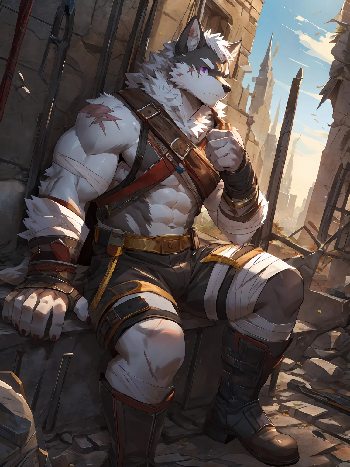 embedding:black wolf, male,purple eyes,Scar on the face, scar on the body,Single person,The end of the world,sit in the ruins,His leg was bandaged,A shabby uniform,Modern cities,A heavy expression,Serious expression, a little sad.Fleshy thighs,Thigh straps,With an iron bar in his hand,The highest quality of scene detail,adult,Tall and powerful,muscle，Best quality hands, best quality eye，detailed fur，Delicate eyes.Extreme picture quality，by sollyz,by zixiong,by milkytiger1145