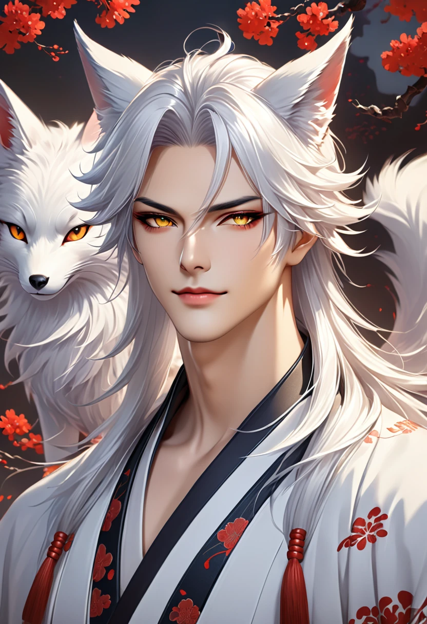 (masterpiece, 8k, Absurd, Digital Art, Digital Illustration, Realistic, Very detailed, Realistic lighting), (Perfect Face, Perfect Eyes, Perfect body), male,1 person, Adult,male的な,anime - style image of a man with a cat's head and a cat's tail, white - haired fox, onmyoji portrait, yee chong silverfox, onmyoji detailed art, onmyoji, white haired deity, white fox anime, vampire white fox, handsome japanese demon boy, fit male demon with white horns, heise jinyao