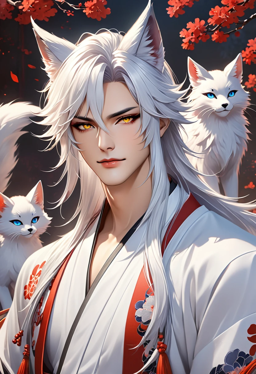 (masterpiece, 8k, Absurd, Digital Art, Digital Illustration, Realistic, Very detailed, Realistic lighting), (Perfect Face, Perfect Eyes, Perfect body), male,1 person, Adult,male的な,anime - style image of a man with a cat's head and a cat's tail, white - haired fox, onmyoji portrait, yee chong silverfox, onmyoji detailed art, onmyoji, white haired deity, white fox anime, vampire white fox, handsome japanese demon boy, fit male demon with white horns, heise jinyao