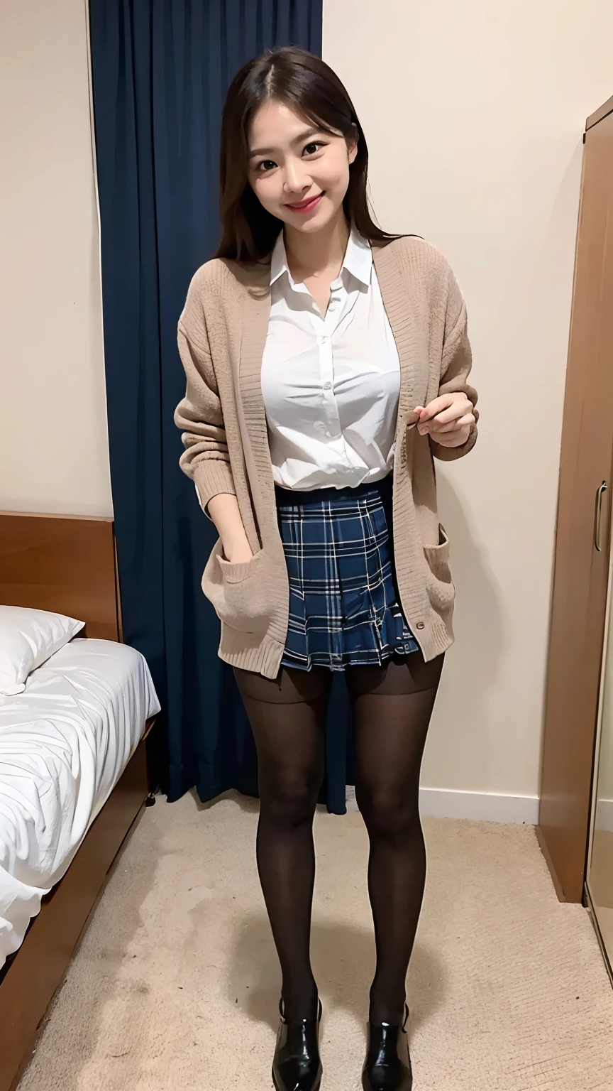 (((8k、High resolution、Highest quality、High resolution)))alone、Natural body shape、White skin、Natural Makeup、((Black Hair、bangs、Straight Long Hair))、(((((skirt lift)))))、、(:1.4)、((Detailed Panty Pattern、Panty Focus))、(((((Full body photo)))))、(((Looking into the camera)))、(((Wear a uniform on the upper body)))、Bedroom、(((Of high school))) 、((white collared long sleeve blouse))、((Beige cardigan))、((Pleated skirt with dark blue plaid pattern、mini skirt、Ultra-realistic pantyhose))、、、Embarrassed expression、Embarrassed、((Exposing thighs))
