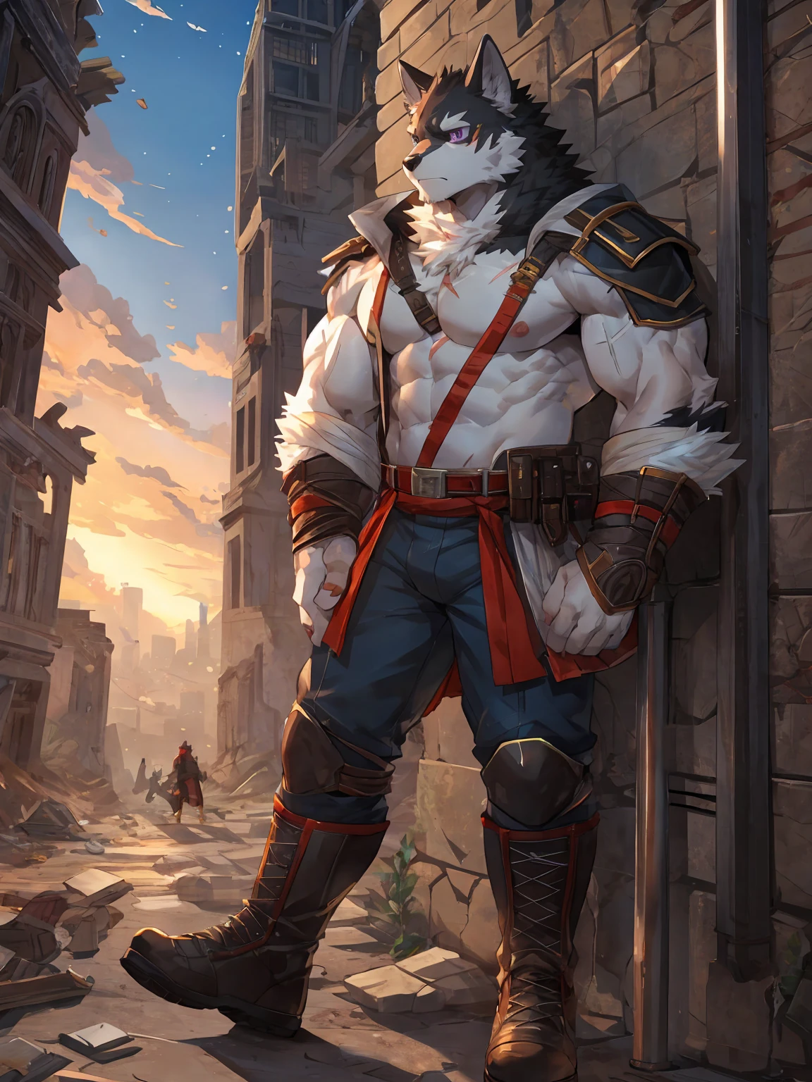 embedding:black wolf, male,purple eyes,Scar on the face, scar on the body,Single person,The end of the world,sit in the ruins,His leg was bandaged,A shabby uniform,Modern cities,A heavy expression,Serious expression, a little sad.Fleshy thighs,Thigh straps,With an iron bar in his hand,The highest quality of scene detail,adult,Tall and powerful,muscle，Best quality hands, best quality eye，detailed fur，Delicate eyes.Extreme picture quality，by sollyz,by zixiong,by milkytiger1145