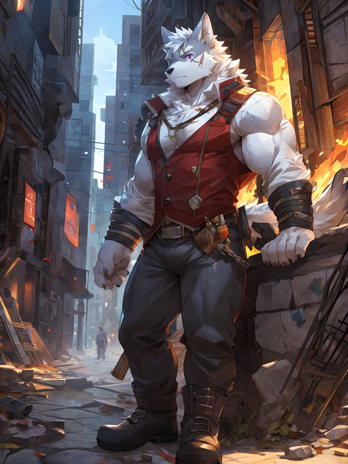 embedding:black wolf, male,purple eyes,Scar on the face, scar on the body,Single person,The end of the world,sit in the ruins,His leg was bandaged,A shabby uniform,Modern cities,A heavy expression,Serious expression, a little sad.Fleshy thighs,Thigh straps,With an iron bar in his hand,The highest quality of scene detail,adult,Tall and powerful,muscle,Best quality hands, best quality eye,detailed fur,Delicate eyes.Extreme picture quality,by sollyz,by zixiong,by milkytiger1145
