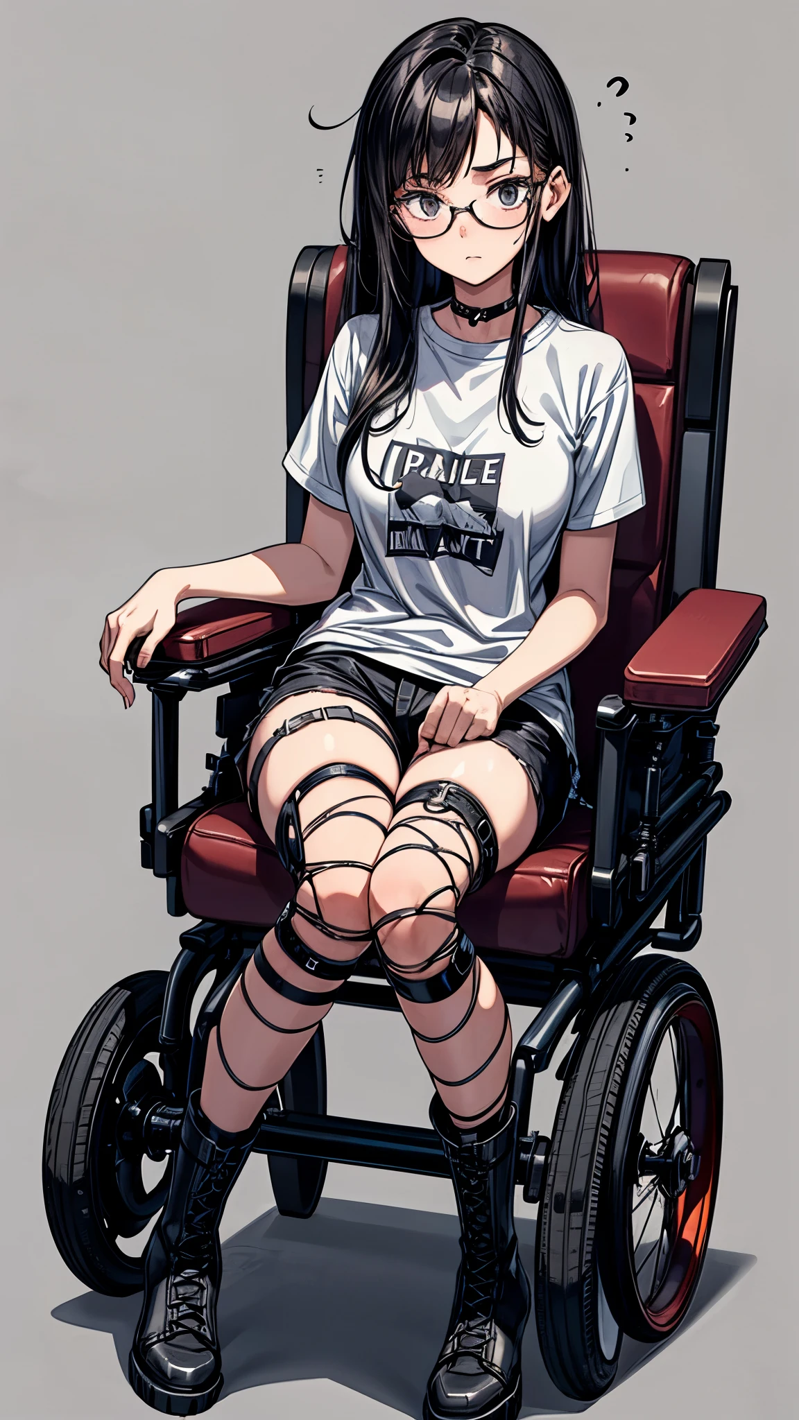 One 19 years old girl,girl in wheelchair,eight heads tall,black messy hair,black middle hair,glasses,dark,it hurts,scary,nervous eyes,she’s riding a wheelchair,legs in cast,leg brace,leg brace,black fishnet tops,short sleeves,micro shorts,lace up long boots.