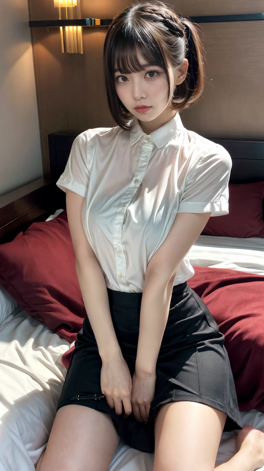 masterpiece, best quality, illustration, Super detailed, fine details, High resolution, 8K,wall paper, perfect dynamic composition,(Details High quality, realistic depiction of eyes:1.3), (Fashionable, white shirt short sleeve, black pencil short skirt), short bob hair, large breasts, black hair color, Big Natural Color Lip, (perfect body shape), crying a little、cold gaze, Harajuku style、20 year old girl、cute type、lolita、beautiful legs, hotel room, Gravure Idol, Voluptuous thighs, (woman on top, straddling, sitting)