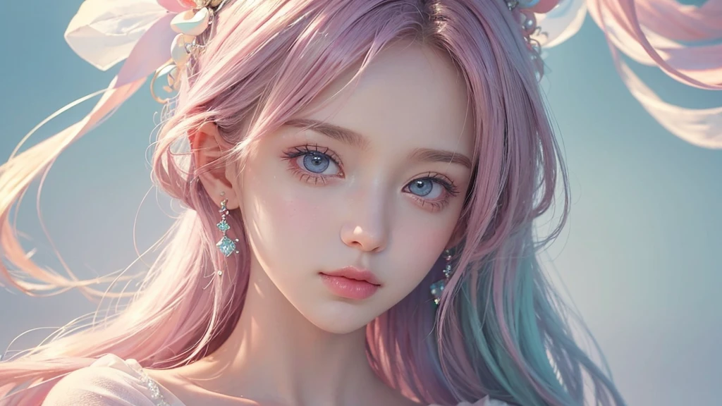 ((masterpiece)). This work is dreamy and fantastical., Soft pink watercolor shades. Generates delicate magical women exploring the bubble gum world in a variety of pastel colors. Her sweet face is extremely detailed and realistic with elegant, features, Puffy, lips and stunning, Extremely realistic eyes. Her eyes are important、Be realistic, Very detailed, And it's beautiful. High resolution and detail, Include many details like stars, Milky Way, Colorful bubbles, Colorful petals, And a lot of energy and emotion! Stars and colorful bubblegum bubbles are important! Include fantasy details, Enhanced Details, iris, Colorful sparkling wind, And pollen. Pay special attention to her face、Make sure it's beautiful and realistic in detail。. The image is dreamy、It has to be fantastical..8k, Complex, elegant, Very detailed, Majestic, Digital photography