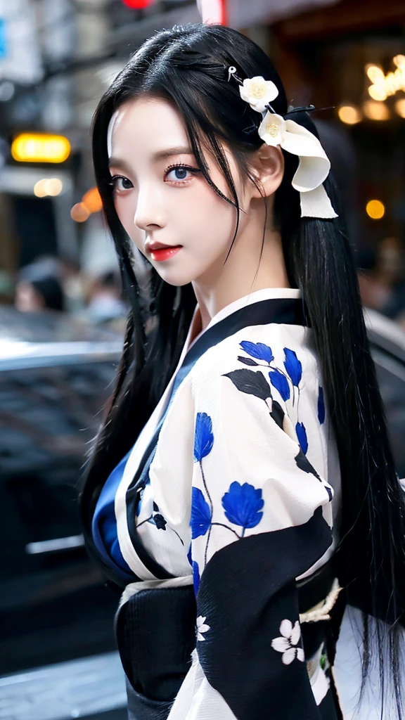 Black hair Blue eyes　sexy kimono　Black　Fang hairpin,long hair
