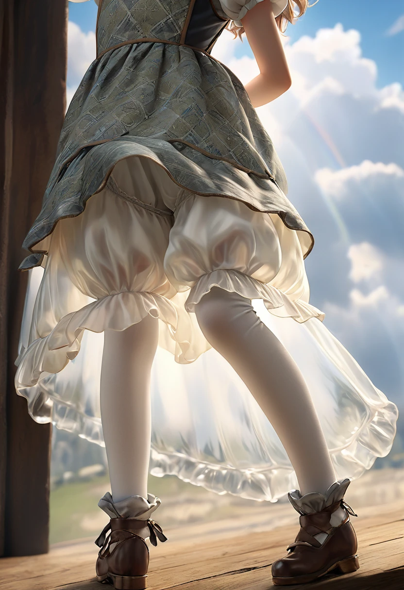 10 year old girl underwear, Realistic bloomers made from patterned cotton fabric, Medieval one-piece dress with panniers, Fabric Realism, Low - Angle, I see bloomers, Pull up the dress by hand, Strong winds, Translucent slip, Translucent slip, tights, Highest quality, Crotch close-up, whole body
