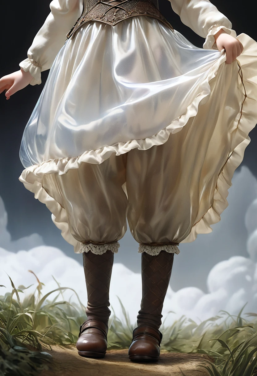  girl underwear, Realistic bloomers made from patterned cotton fabric, Medieval one-piece dress with panniers, Fabric Realism, Low - Angle, I see bloomers, Pull up the dress by hand, Strong winds, Translucent slip, Translucent slip, tights, Highest quality, Crotch close-up, whole body
