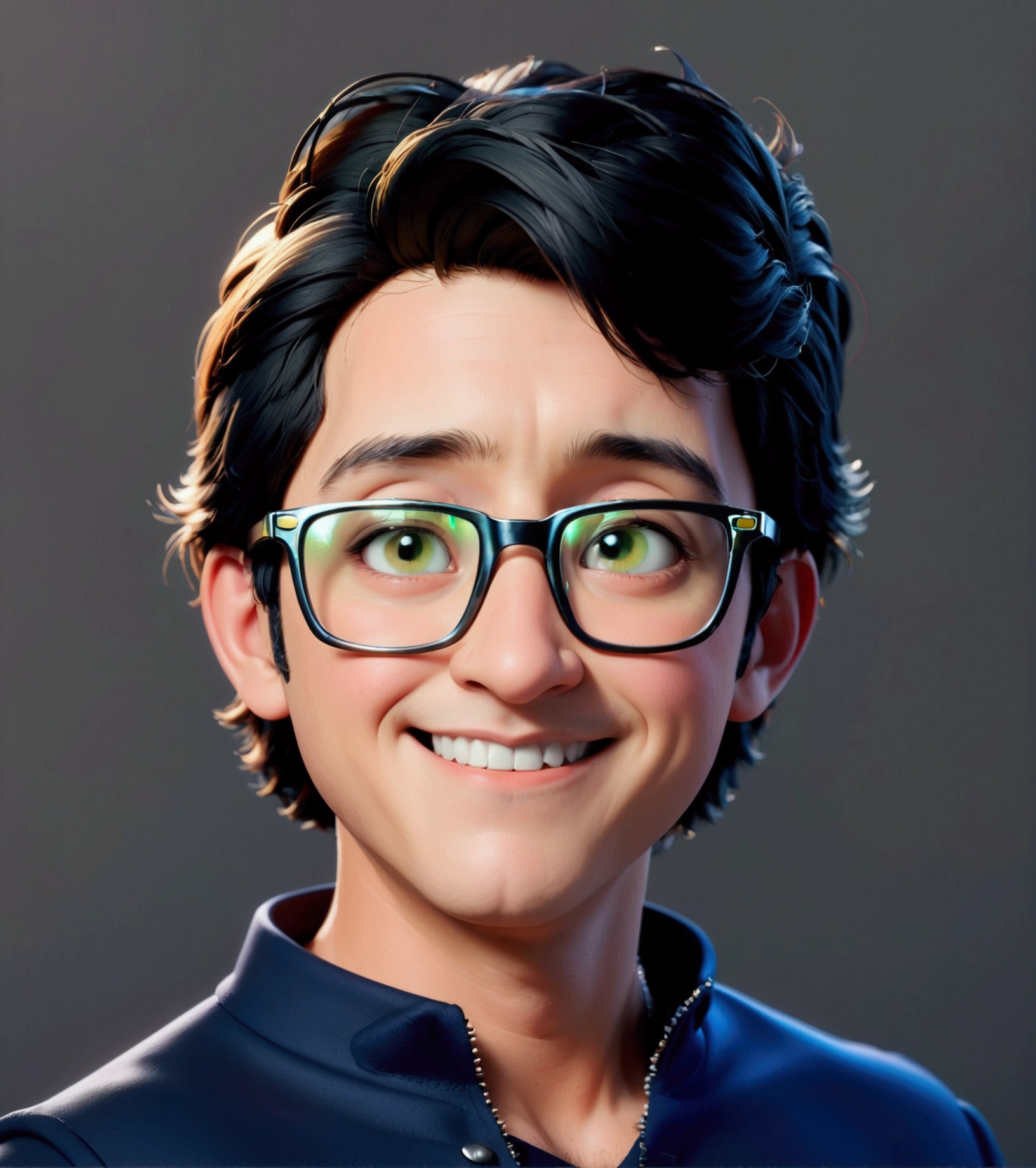Cartoon character of a man wearing black glasses and a blue shirt, um personagem animado, Caractere estilizado, animation style rendering, 3D estilizado, Arnold Maya render, 3 d render stylized, toon render keyshot, Personagem 3D, Personagem 3D, 3d rendering stylized, 3 d character render, personagem de desenho animado, Personagem de close up, Pose de personagem, (Estilo Pixar) (master part:1.2) (Bokeh) (best quality) (pele detalhada) (textura detalhada) (8k) (argila) (Cinematic lighting) (foco nítido，Senta e vaza a parte superior do corpo.