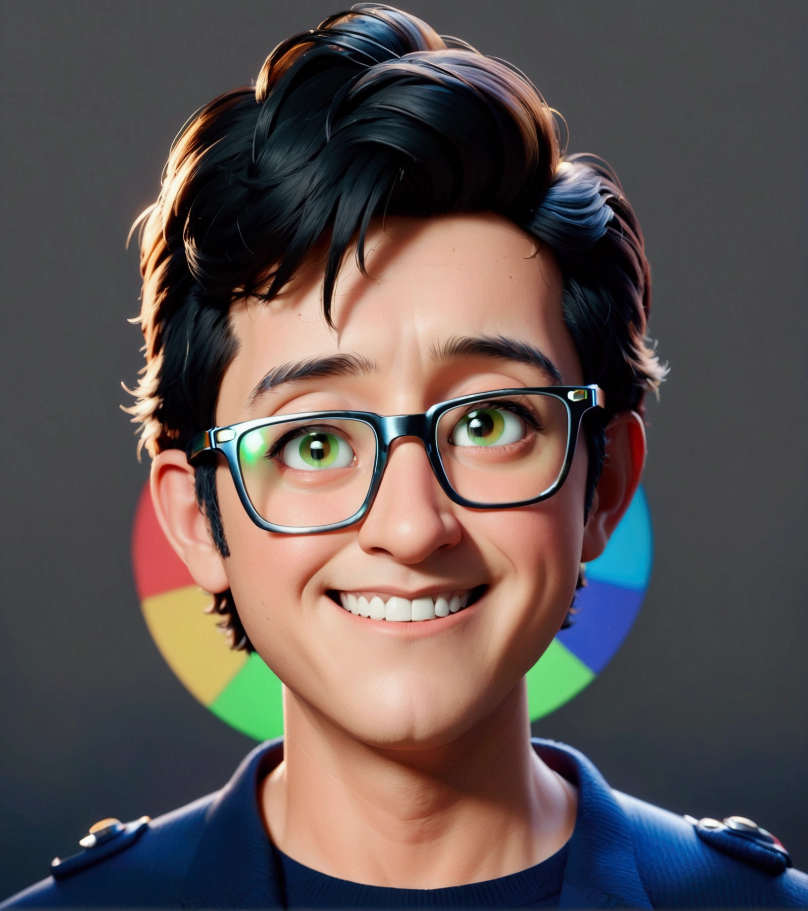 Cartoon character of a man wearing black glasses and a blue shirt, um personagem animado, Caractere estilizado, animation style rendering, 3D estilizado, Arnold Maya render, 3 d render stylized, toon render keyshot, Personagem 3D, Personagem 3D, 3d rendering stylized, 3 d character render, personagem de desenho animado, Personagem de close up, Pose de personagem, (Estilo Pixar) (master part:1.2) (Bokeh) (best quality) (pele detalhada) (textura detalhada) (8k) (argila) (Cinematic lighting) (foco nítido,Senta e vaza a parte superior do corpo.