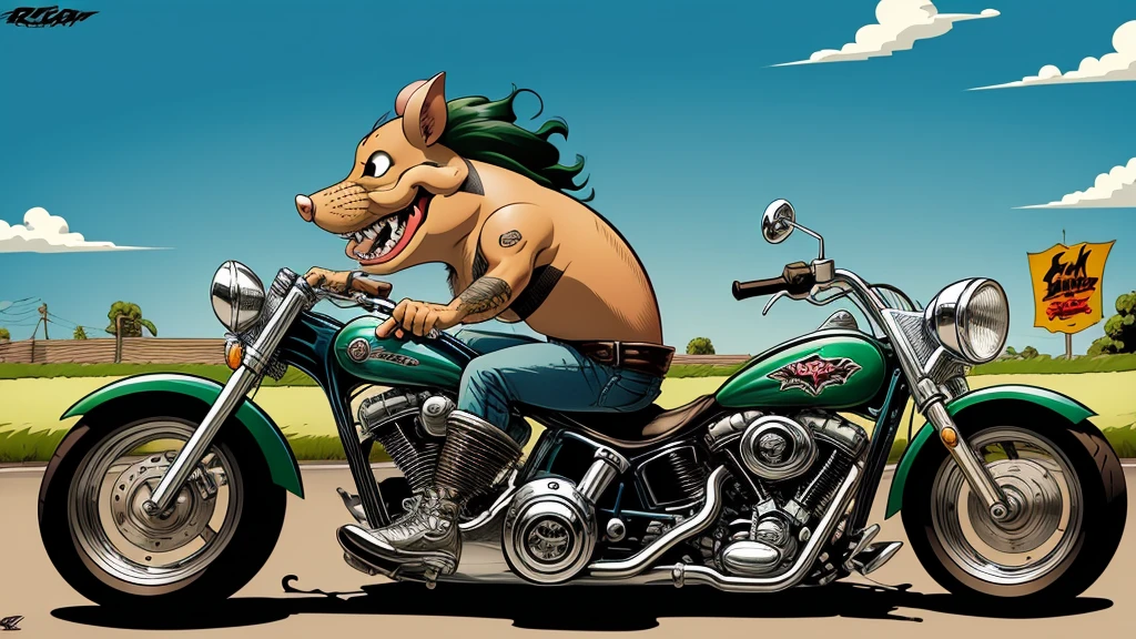 cartoon of a rat riding a Harley, by Ed Roth, rat fink style, ratfink, frank kozik