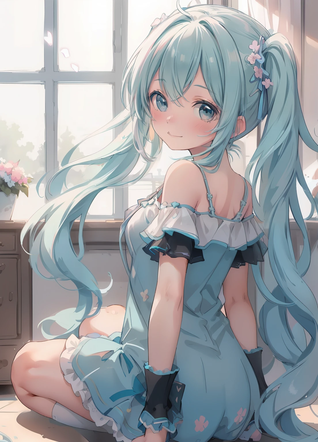 (masterpiece、Highest quality、Highest quality、Official Art、Beautiful and beautiful:1.2)、(One girl:1.3)Hatsune Miku、Twin tails,Beautiful breasts,Enhanced dynamic perspective,Cute cute beautiful girl,JK ,Look at me and smile,simple backgound,Works of masters,high qulity,4K resolution,super-fine,Detailed pubic hair,Accurate,Cinematic lighting,