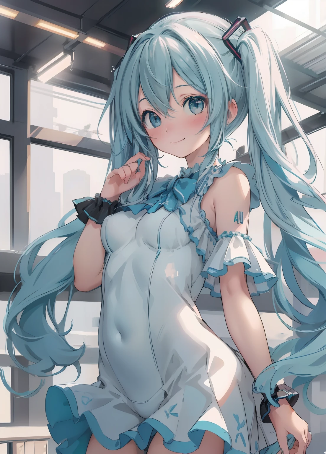 (masterpiece、Highest quality、Highest quality、Official Art、Beautiful and beautiful:1.2)、(One girl:1.3)Hatsune Miku、Twin tails,Beautiful breasts,Enhanced dynamic perspective，Cute cute beautiful girl，JK ，Look at me and smile，simple backgound，Works of masters，high qulity，4K resolution，super-fine，Detailed pubic hair，Accurate，Cinematic lighting，
