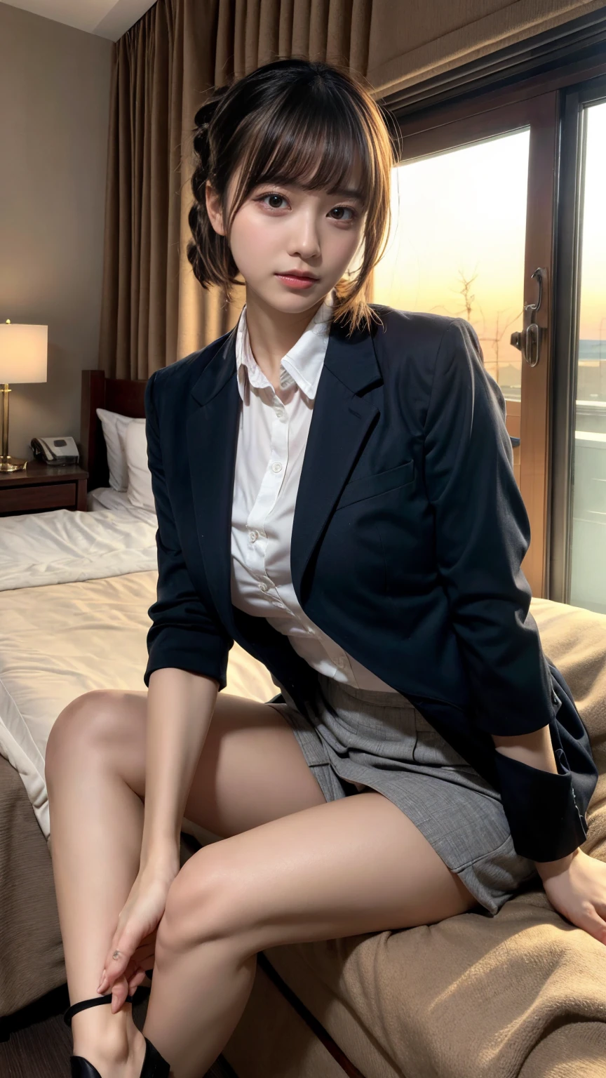 masterpiece, best quality, illustration, Super detailed, fine details, High resolution, 8K,wall paper, perfect dynamic composition,(Details High quality, realistic depiction of eyes:1.3), short hair, Office Lady, ,Suit,Collared shirt, Black Suit,Black jacket, updo, huge breasts, black hair color, Big Natural Color Lip, bold sexy pose, crying a little、cold gaze, Harajuku style、20 year old girl、cute type、lolita、beautiful legs, hotel room, full body photo、focus on crotch, hposing Gravure Idol, Sexy shot looking at camera, Sunset, by the window, Summer, make up, Curve